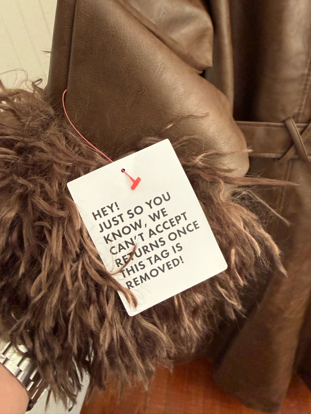 Reclaimed Vintage Brown Faux-Suede Trench Coat with Faux-Fur Trim - Picture 8 of 10